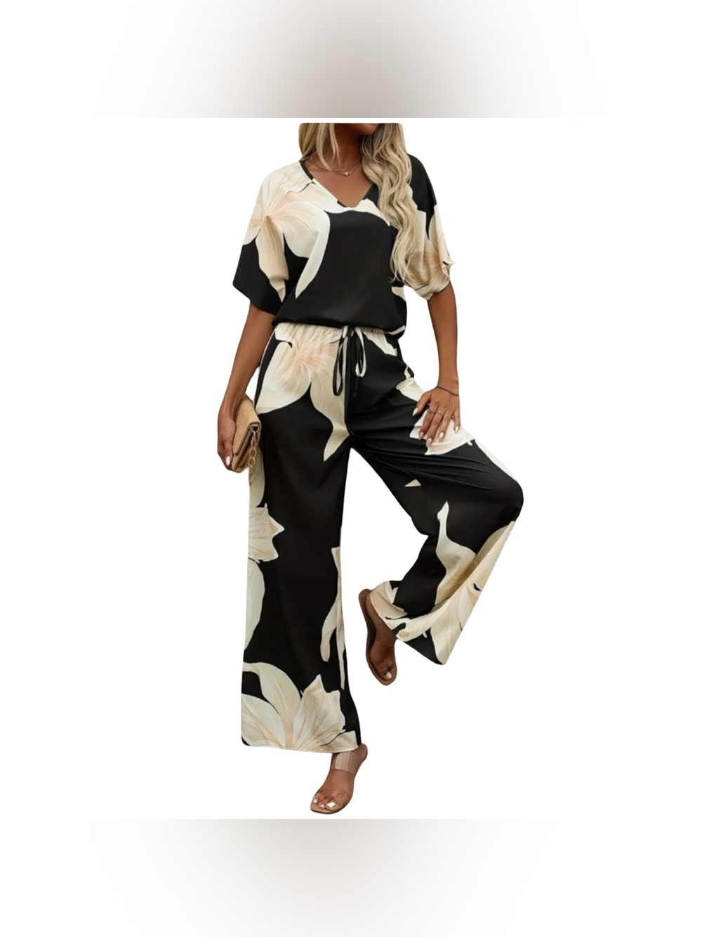 NWT Floral V-Neck Top and Wide-Leg Pants- Black & Cream